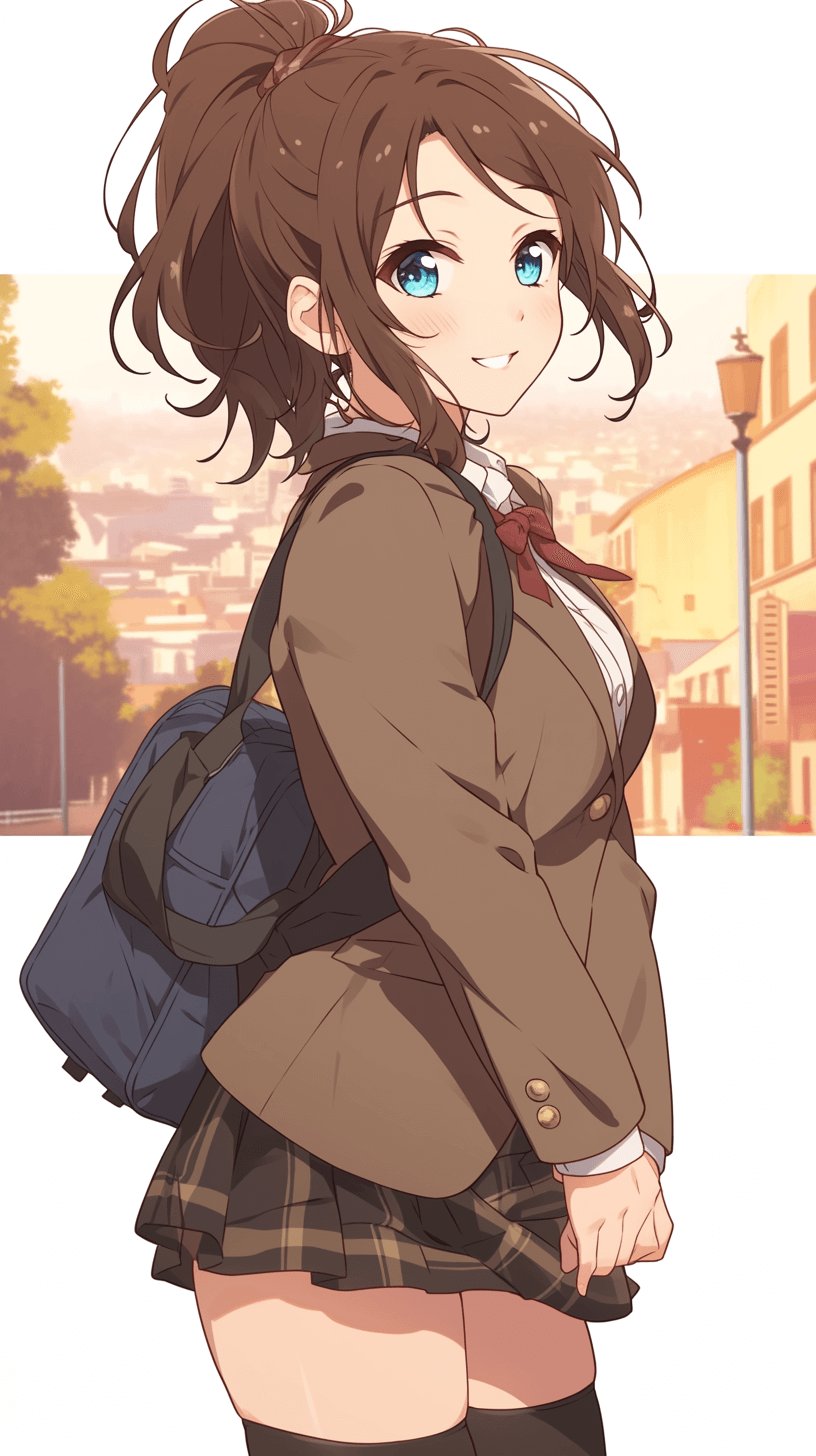 High school girl, uniform skirt, stockings, blue eyes, brown hair in a double ponytail style, carrying a backpack, in the style of anime illustration, city background, full body portrait, anime aesthetic, high resolution, rich details, in the style of anime illustration.