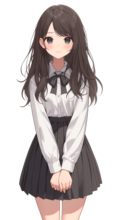 Cute girl with long hair, wearing a white shirt with a black collar and bow tie on the chest, and a short skirt, hands in front of her stomach, in the anime style, no background.