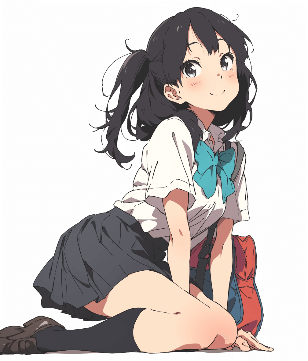 A high school girl wearing a white short-sleeved shirt, black skirt and blue ribbon tie is sitting on the ground with her legs crossed, smiling slightly. She has dark brown colored, straight hair with bangs that cover one eye. She wears red socks around her waist, with no background in the style of anime.