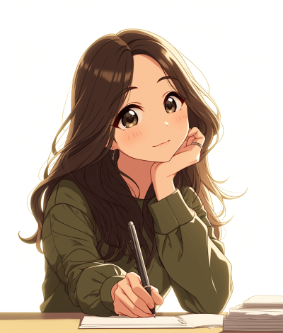 A cute girl with long brown hair is sitting at a desk, holding her chin and writing something on paper with a pen in the style of anime. She wears an olive green sweater. The background of the illustration should be white.