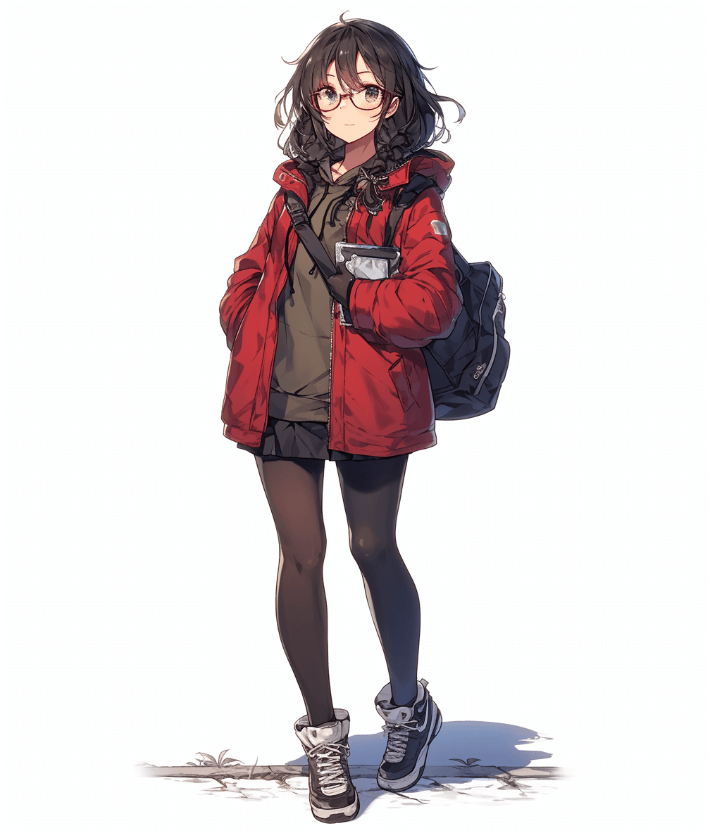 Anime-style illustration of an adult female student, wearing a red jacket and black skirt with tights and white sneakers. She has long dark hair tied back in a loose ponytail, fair skin, big eyes, glasses, carrying a backpack on her shoulder, smiling softly at the camera. Full body shot, standing against a plain background.