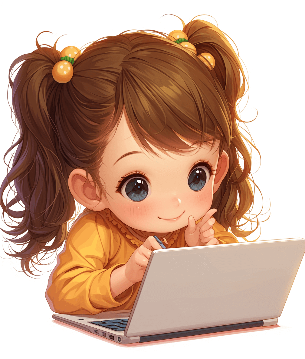 A cute little girl with big eyes is sitting in front of her laptop, looking at the screen and smiling happily. She has long brown hair tied into pigtails, wearing an amber colored sweater. The artwork is in the style of chibi with a white background, high resolution, high detail, and best quality.