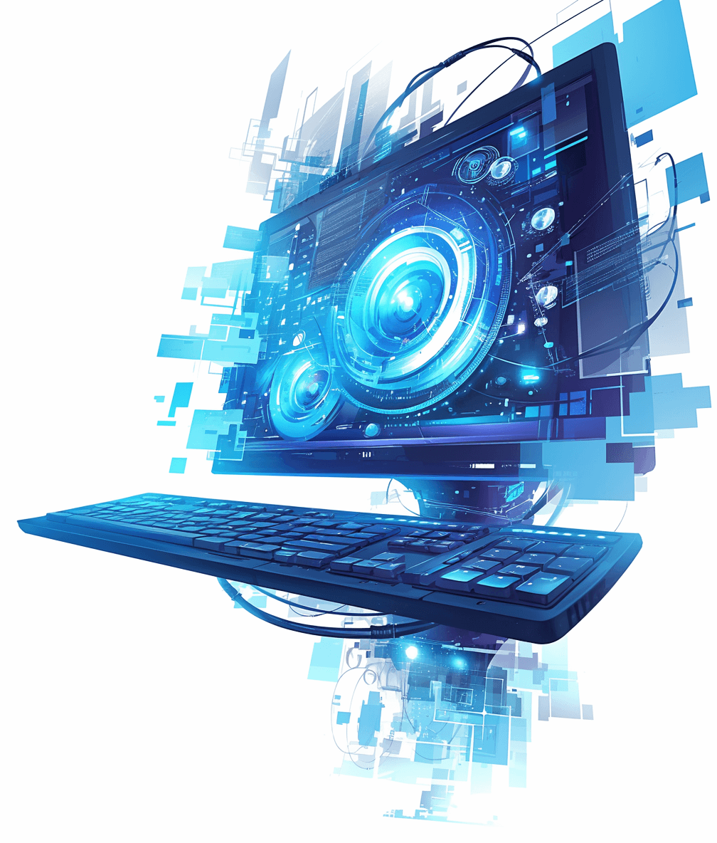 3D vector illustration of an advanced computer with a blue holographic screen and keyboard floating in the air, surrounded by digital elements and data streams on a white background. Conceptual art style, dynamic composition, futuristic technology theme, high resolution, sharp focus, high quality, intricate details, sharp lines, sharp edges, digital concept art, high contrast.