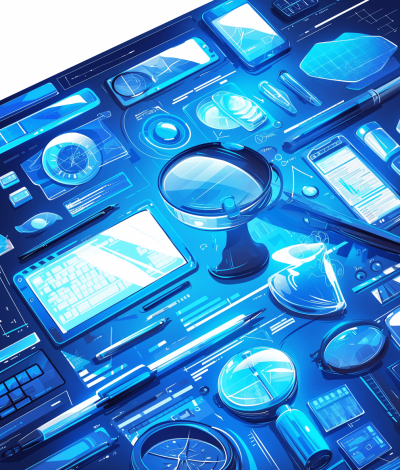 blue digital illustration, blue computer interface with magnifying glass and various items on it, blue background, digital art in the style of [Loish](https://goo.gl/search?artist%20Loish)