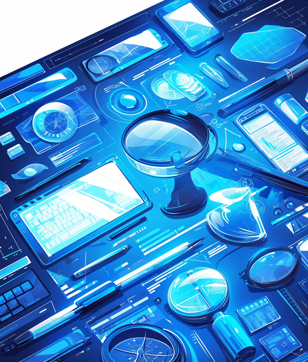 blue digital illustration, blue computer interface with magnifying glass and various items on it, blue background, digital art in the style of [Loish](https://goo.gl/search?artist%20Loish)