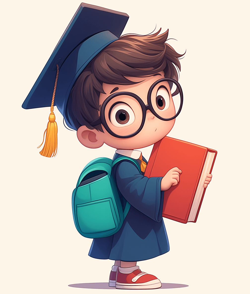 Cute cartoon vector style illustration of an child in glasses wearing blue graduation cap, holding red book and green backpack, on light background