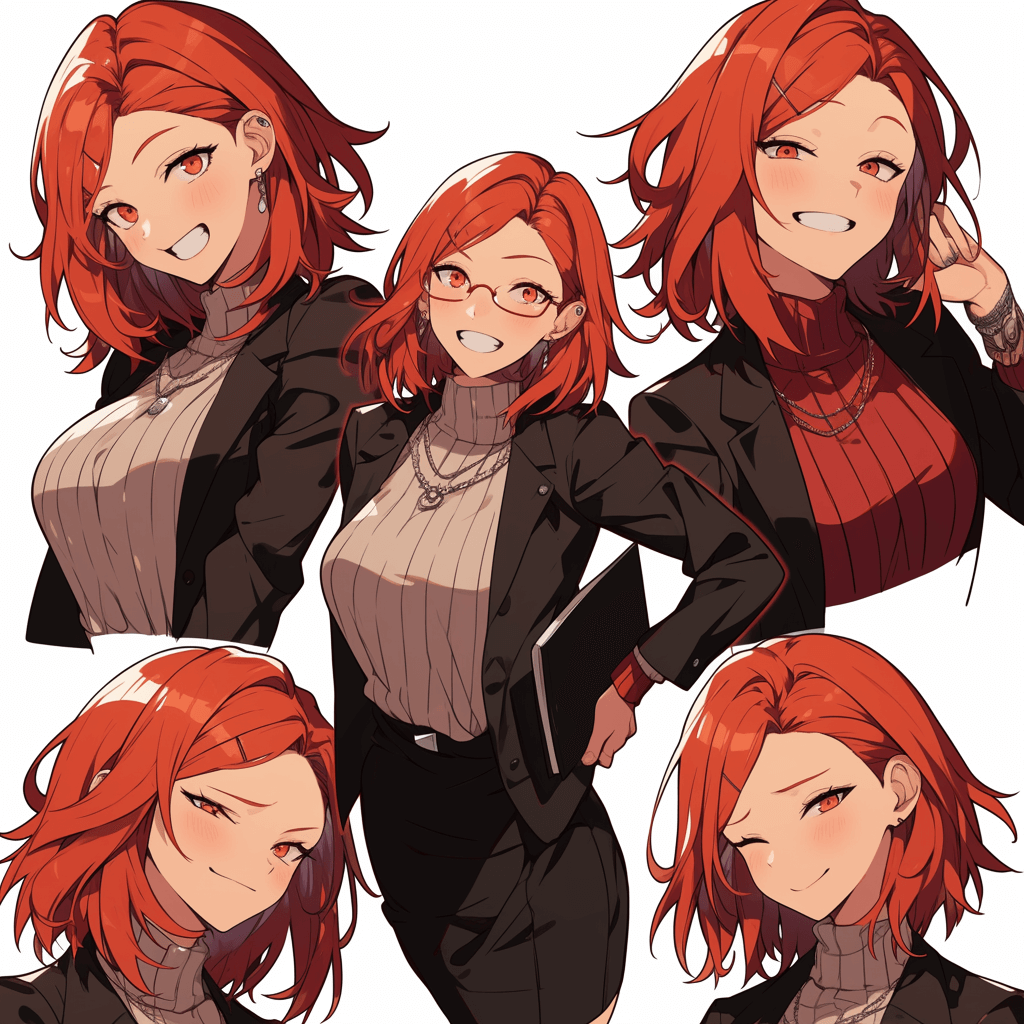 A red haired woman with glasses, wearing a black blazer and sweater, smiling in multiple poses and expressions in the style of anime character design sheet.