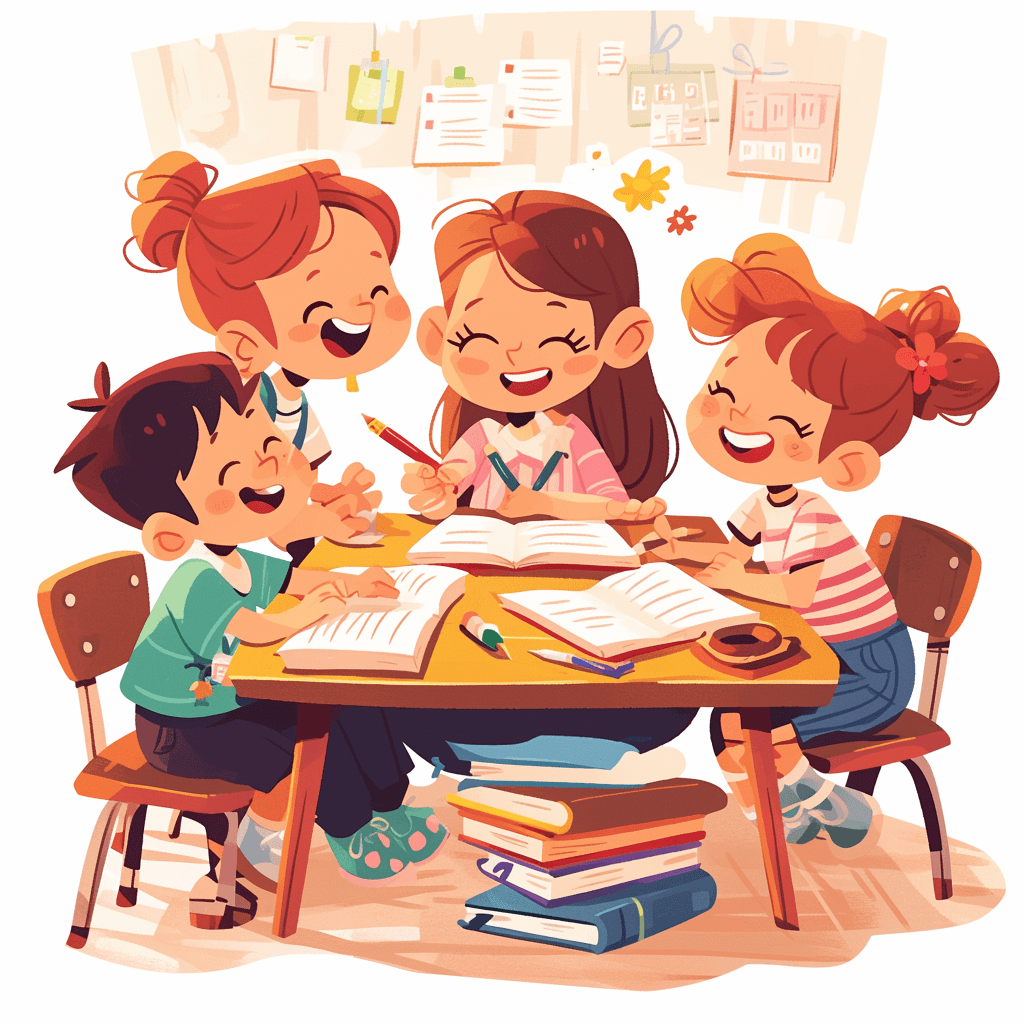 cartoon children doing homework together, laughing and smiling at each other sitting around the table with books on it. The clip art illustration shows children in the style of cartoon vector art on a white background.