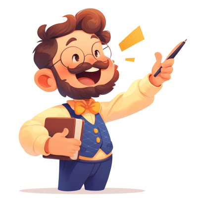 A cartoon teacher holding an open book and pointing with his finger, smiling happily. The background is white. He has brown hair, glasses, beard stubble, blue vest over the shirt, and orange bow tie, with one hand raised to point at something. Vector illustration style with simple shapes and bright colors.