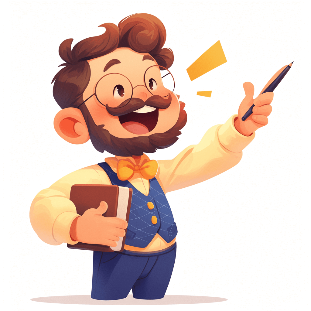 A cartoon teacher holding an open book and pointing with his finger, smiling happily. The background is white. He has brown hair, glasses, beard stubble, blue vest over the shirt, and orange bow tie, with one hand raised to point at something. Vector illustration style with simple shapes and bright colors.