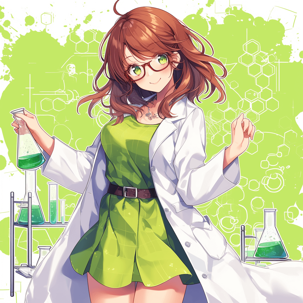 An anime girl with brown hair and green eyes wearing glasses is holding up beakers of different colors in her lab coat over the dress shirt she is wearing. The background has white chemical structures and light lime colored patterns on it. The entire outfit looks like an anime character design in the style of a scientist.