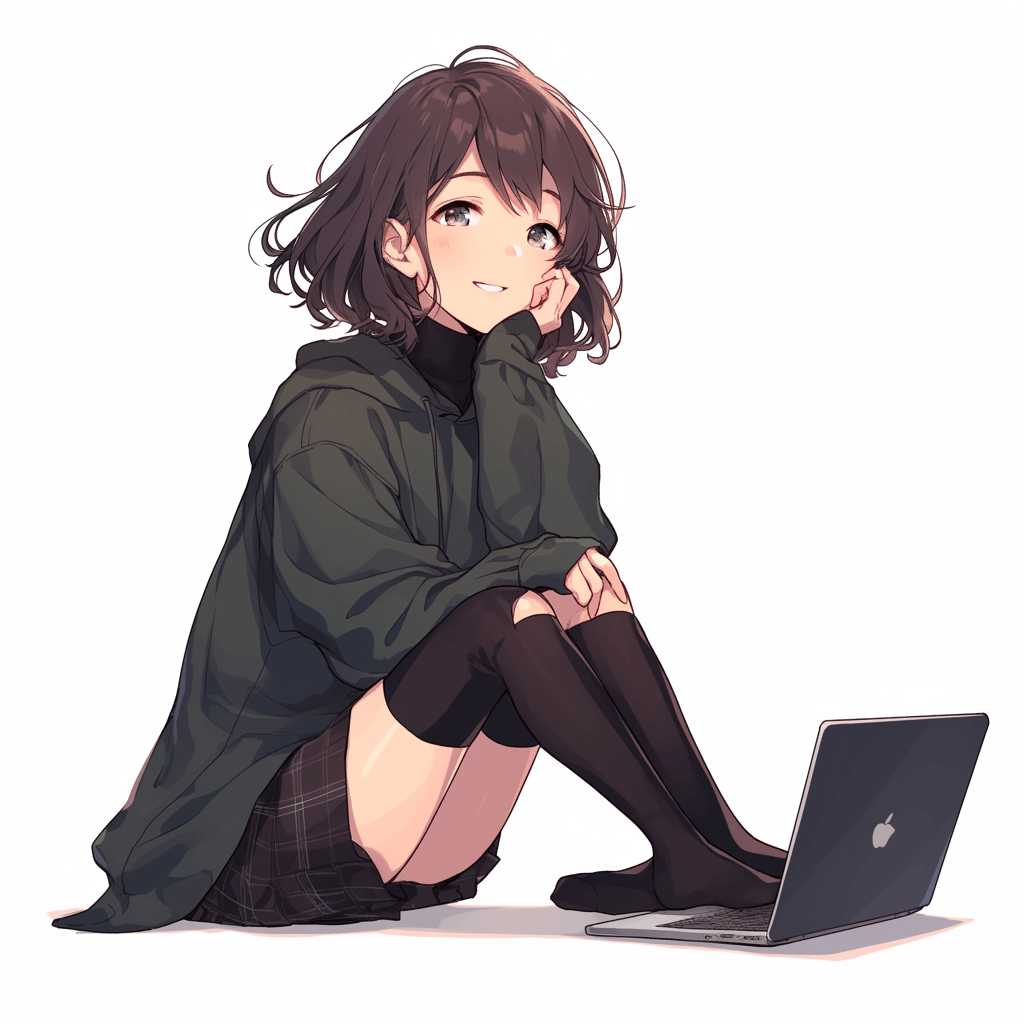 anime cartoon girl character design, cute soft features, sitting on the floor with her legs crossed behind and slightly to one side of herself, she is wearing black tights and an oversized dark green jacket over top a plaid skirt, her hair has bangs and short length in light brown color, she’s looking at her laptop which sits next to her on white background, profile picture, profile shot, anime style art