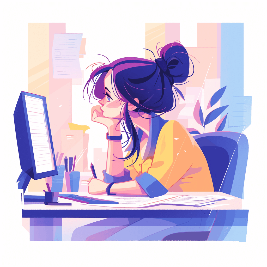 A young woman sits at her desk, working on an office computer with paper and pens beside it. She has dark hair in a messy bun and is wearing a yellow t-shirt. The background features pastel colors of pink, blue, and purple, with white, creating a soft atmosphere around the scene. The vector illustration style uses flat design elements. This is a modern digital art piece conveying energy and creativity in the style of flat design.