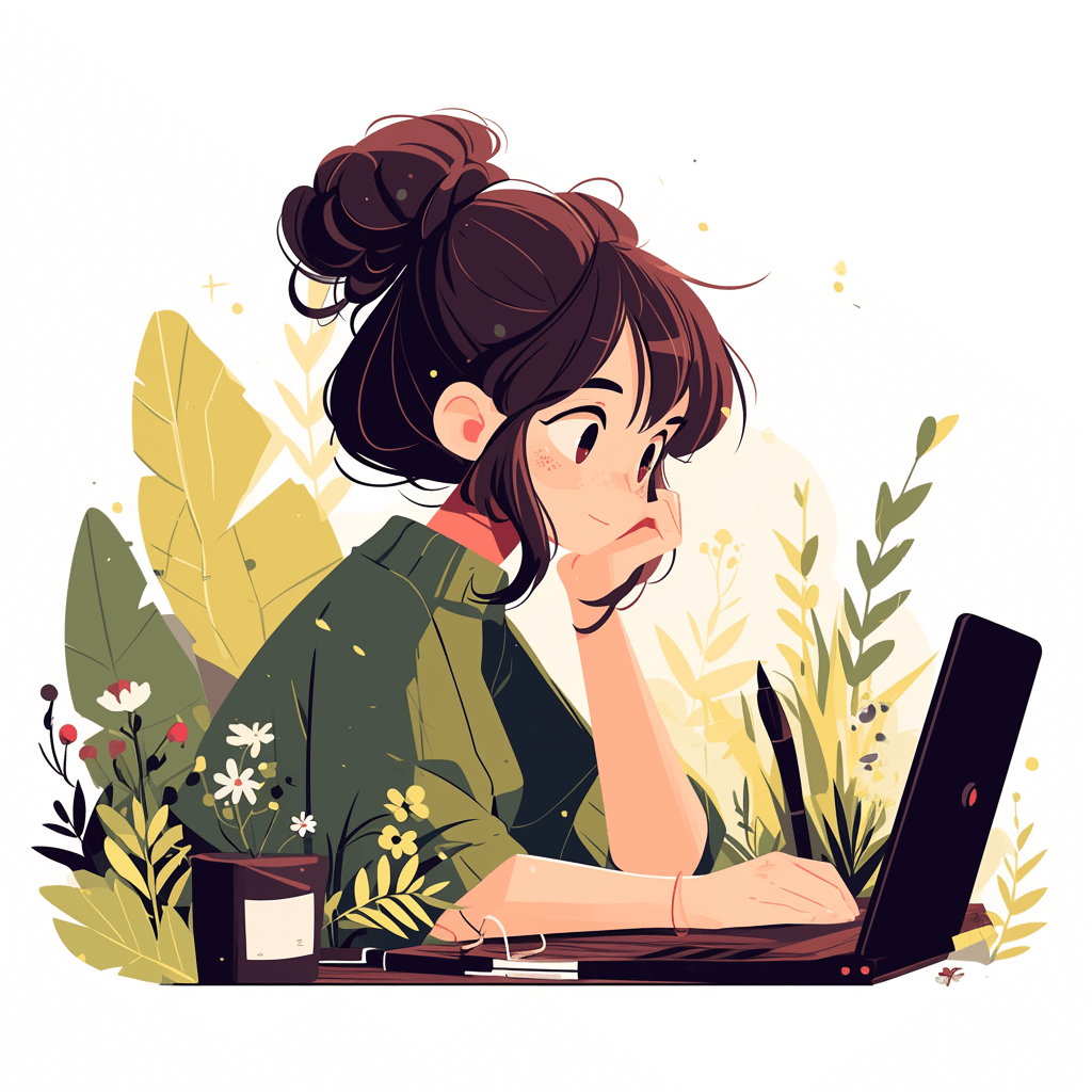 A girl is sitting at her laptop, thinking about something in the style of flat illustrations and cartoon characters. She has dark brown hair tied back with buns on top, wearing an olive green shirt and black pants. The background features plants and flowers around it, creating a warm atmosphere. Vector illustration with a white solid color background.