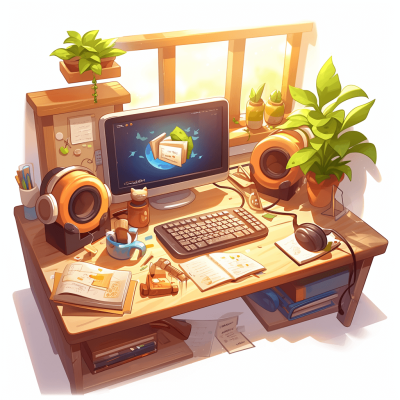 A cute cartoon desk with a computer, mouse and keyboard, books, headphones, and plants on the table in the style of digital art. A bright color palette and game design elements. High resolution, like a game icon or game asset. High detail and super quality.