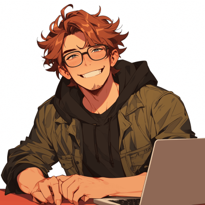 A cute man with glasses smiles and works on his laptop, in the style of anime, white background, brown hair, green jacket, black hoodie, red desk top, medium length curly light orange hair, white skin, smiling face.