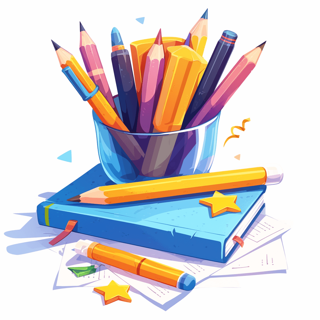 illustration of pencils and books, cartoon style, white background, bright colors, high resolution, high details, digital art, 2d game design, vector graphics, 3D rendering, on the table there is an open notebook with stars in it, next to him stands a glass cup full of colored pencils