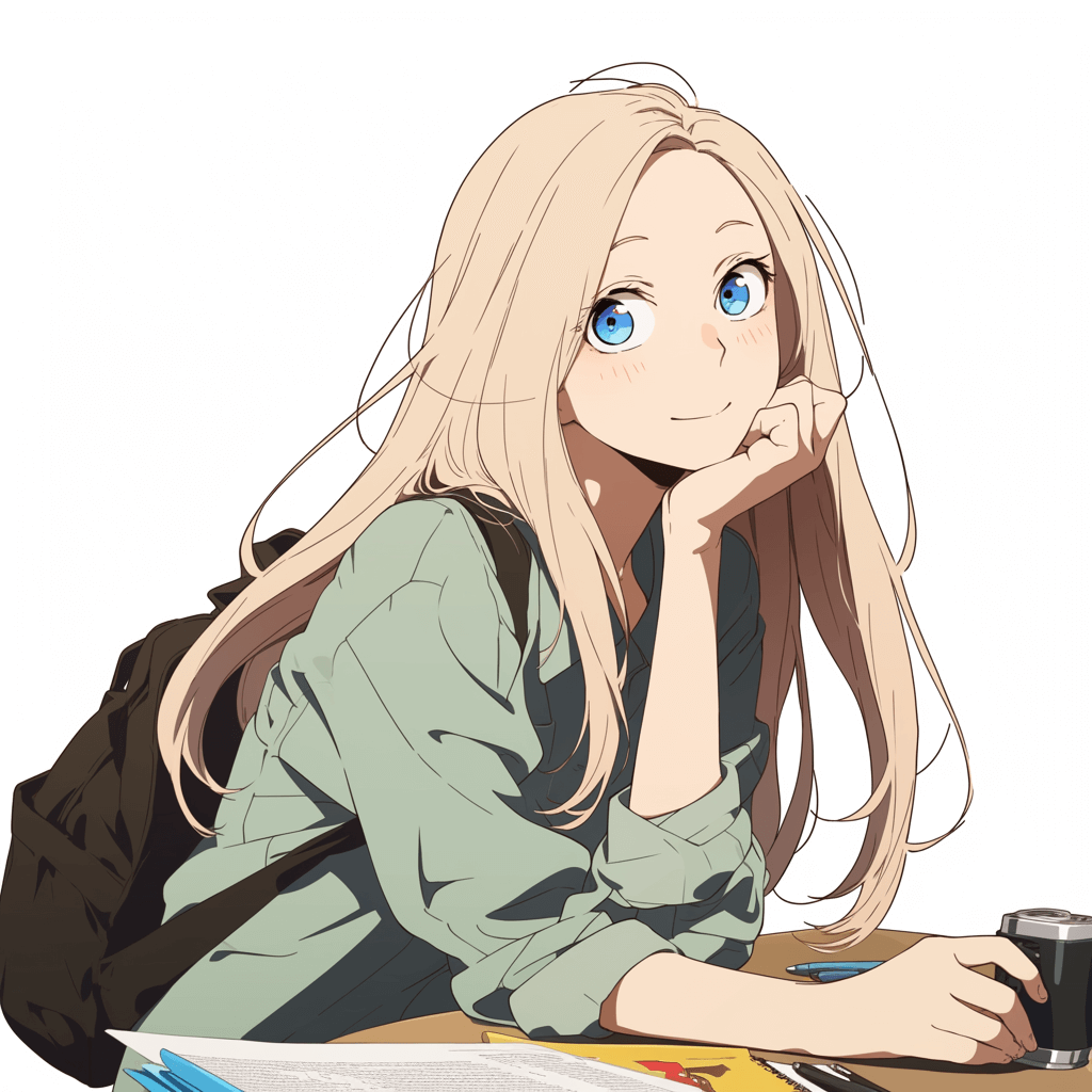 Cute anime girl with long blonde hair and blue eyes, sitting casually at a desk studying and drawing in the style of [Makoto Shinkai](https://goo.gl/search?artist%20Makoto%20Shinkai), with a white background and colorful white border around the character against a simple background without shadows or text in a watercolor style.