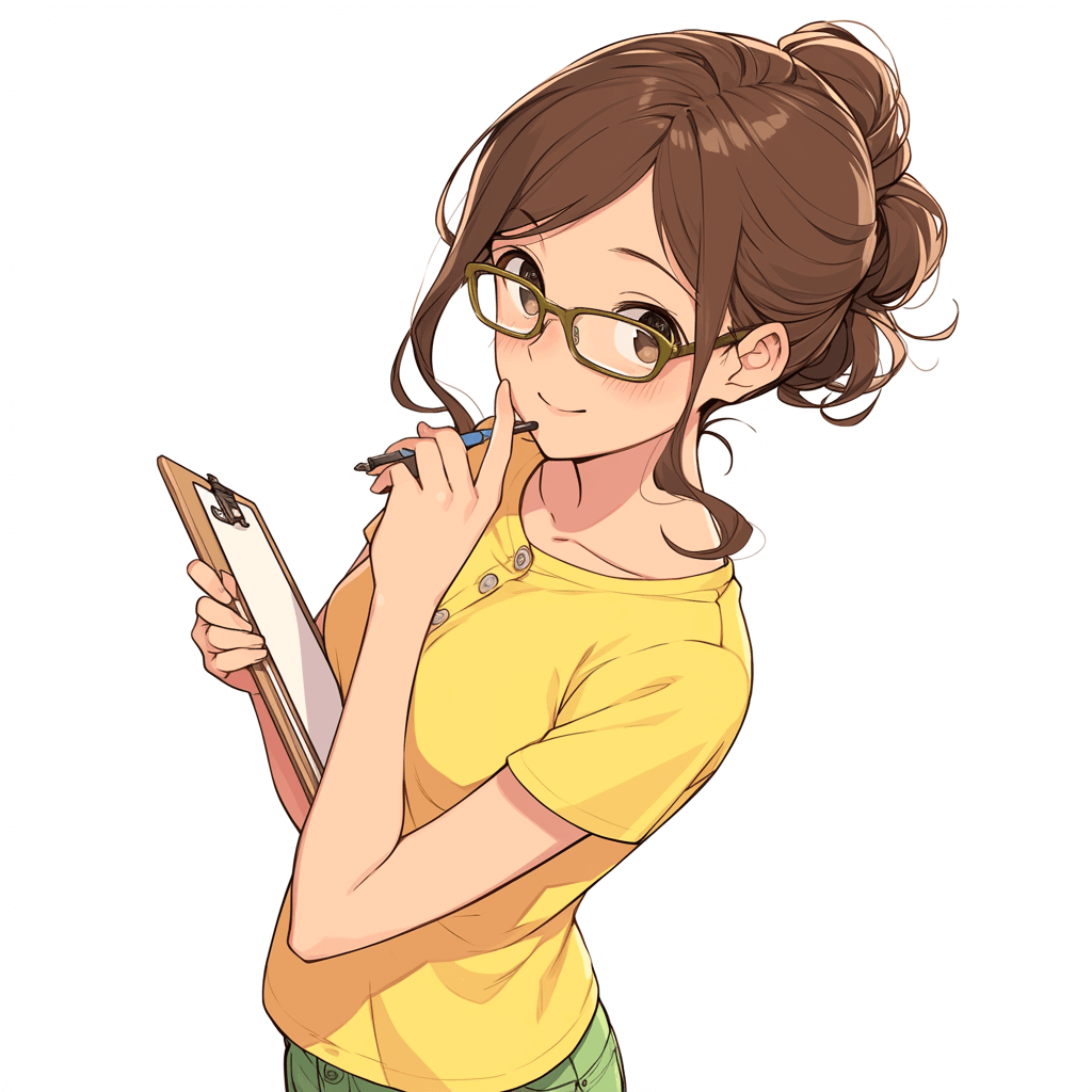 A cute Japanese woman in her early to mid-20s with brown hair and glasses, wearing a yellow T-shirt over green pants. She is holding a clipboard while making notes or taking notes on it. The background of the illustration should be white. In the style of anime. No text or other elements present outside. Her hand has a pen held up against one side of her face as if she’s writing something down. Her expression appears focused yet friendly. Her hairstyle is casual but neat. Her eyes have slight signs of blurring from Asian vision, but not too much.