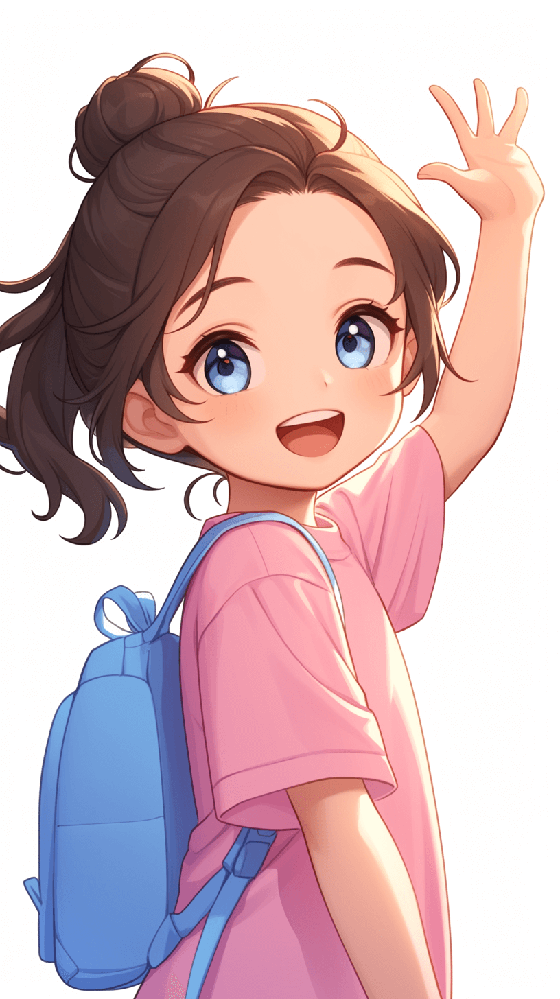 Cute girl, smiling and waving at the camera with her right hand raised for a high five, wearing a pink short-sleeved shirt, a blue backpack on her shoulder, brown hair in a messy bun, simple background, in the style of a cute anime drawing.