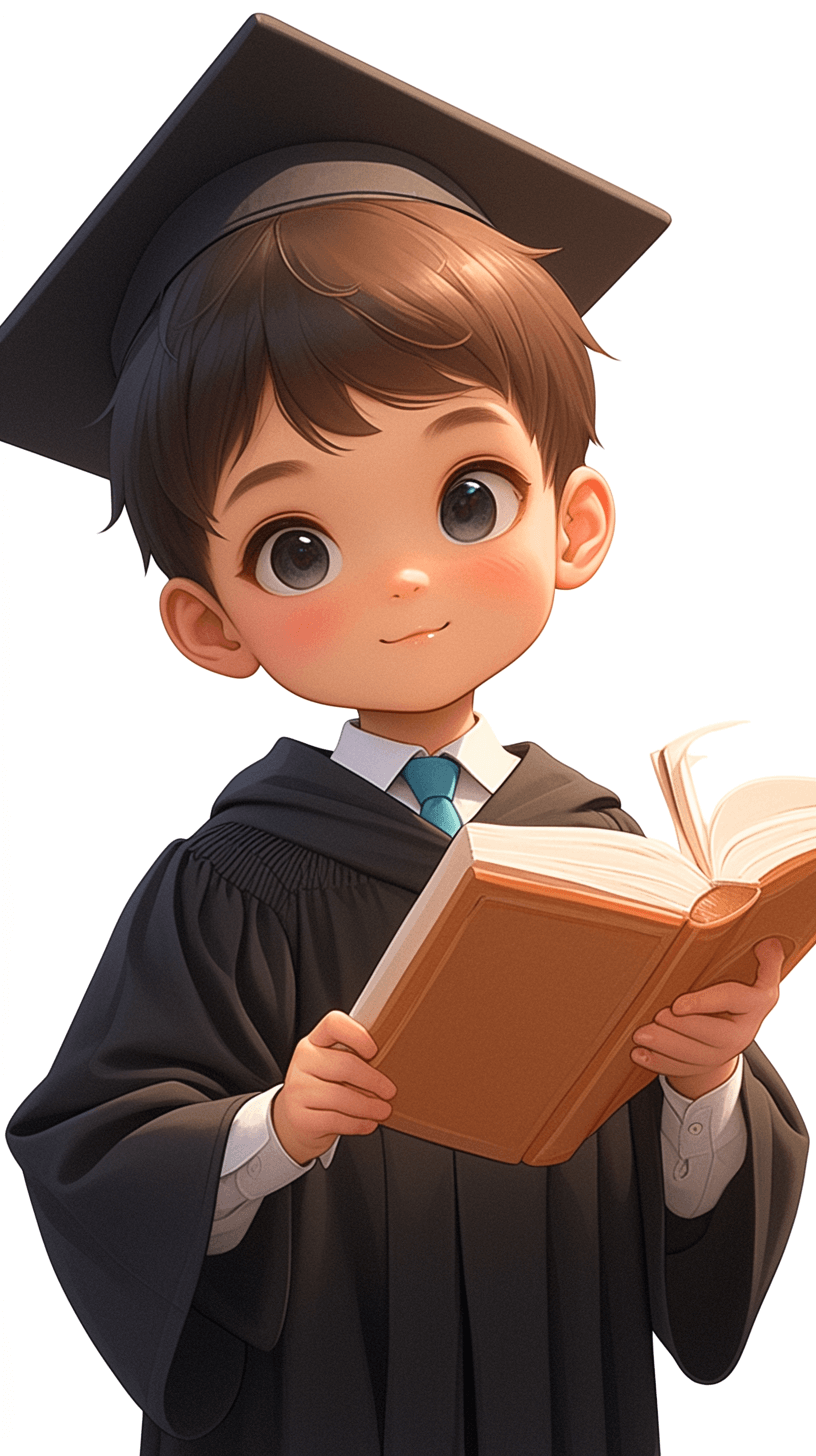 Cute cartoon boy wearing a graduation gown and holding a book in his hand against a white background, in the style of Disney Pixar animation with bright colors, high details and high quality resembling 2D game art.