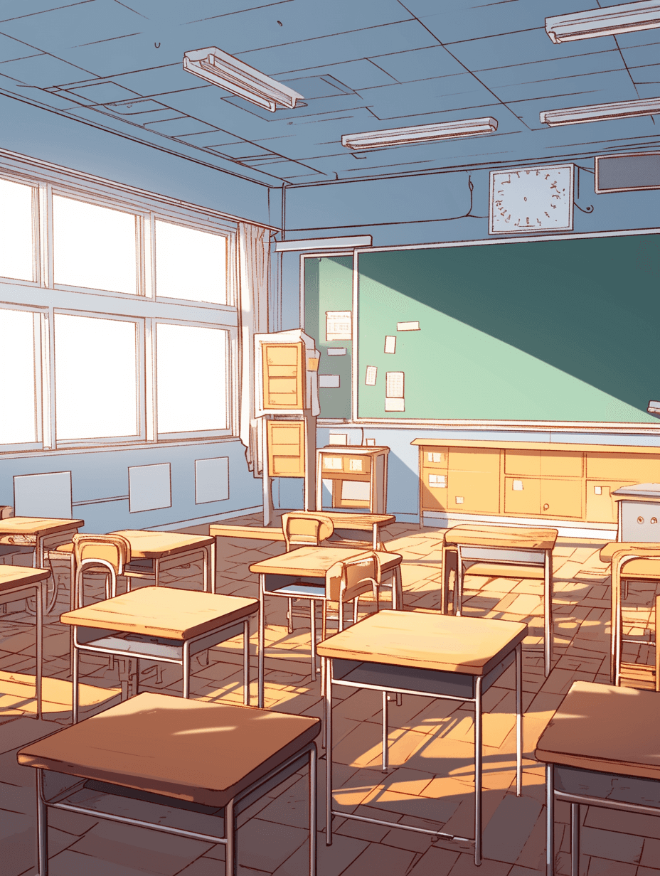 An anime-style illustration of an empty school classroom with morning light coming in. A muted color palette is used with simple lines and shapes. High contrast and hyper detailed style is used.