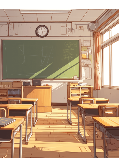 Cute anime style classroom with desks and blackboard, sunlight shining in from the window, simple background, no characters, Japanese animation style, warm color tones, high resolution.