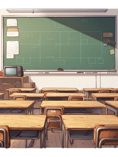 A simple anime illustration of an empty classroom with desks and chairs arranged neatly in front of the chalkboard. A few children's drawings are stuck on it. The chalk board is a green color. A tv stands beside one desk. The art style is in the style of anime with a simple background and warm tone.