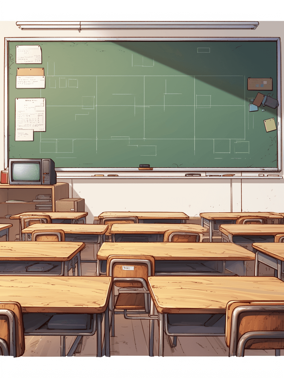 A simple anime illustration of an empty classroom with desks and chairs arranged neatly in front of the chalkboard. A few children’s drawings are stuck on it. The chalk board is a green color. A tv stands beside one desk. The art style is in the style of anime with a simple background and warm tone.