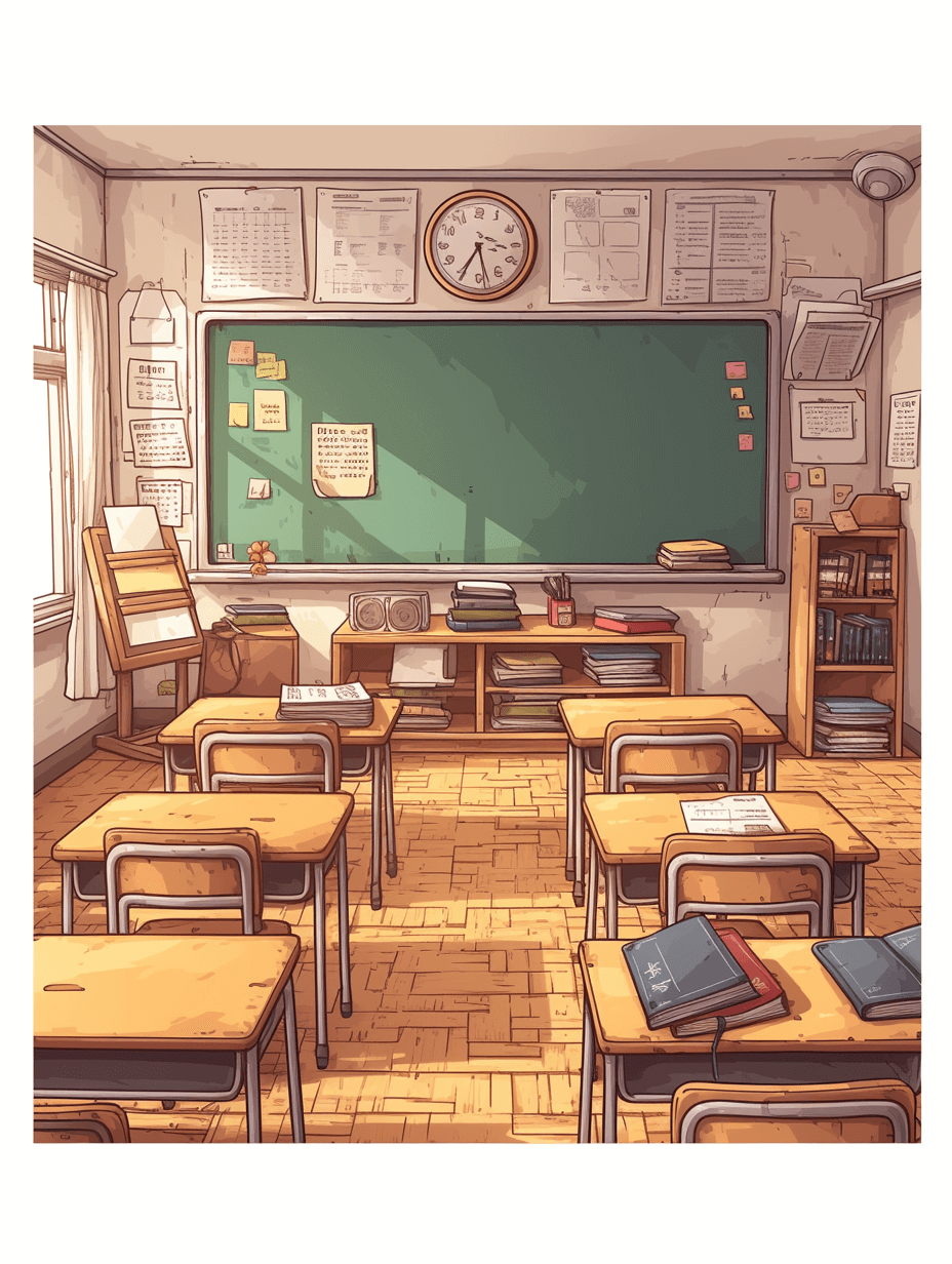 A cute cartoon illustration of an empty Japanese classroom with wooden desks and chairs, large green chalkboard on the wall, simple background, vector art style, warm colors, detailed textures for each object, high resolution