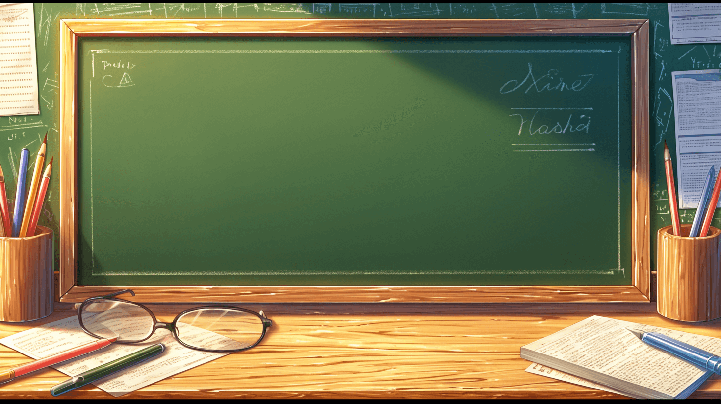 A blackboard with green chalk on it, a wooden desk with glasses and books in front of the board, in the style of a cartoon, flat design, simple background, vector illustration, simple details, simple colors, colorful, high resolution, high quality, high detail.