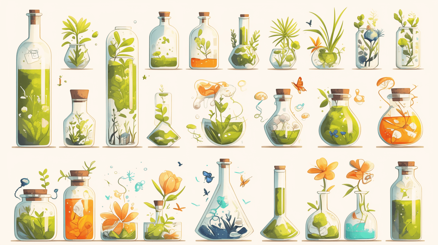 vector illustration of different glass vials and bottles with plants, flowers, insects and botanicals inside, light colors, beige background, in the style of different artists.