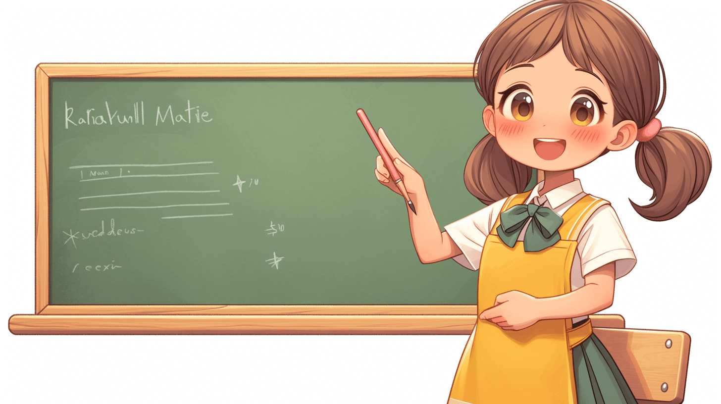 A cute school teacher anime girl is pointing at the blackboard with chalk in her right hand and smiling. The background of the illustration should be white to highlight that she’s writing on it. She has brown hair in pigtails, wearing an apron over a yellow tshirt. Her name “Rauto” is written in big letters under the green board. The image has a little dark color tone and is in the style of a cartoon. It is an isolated vector art on a white background.