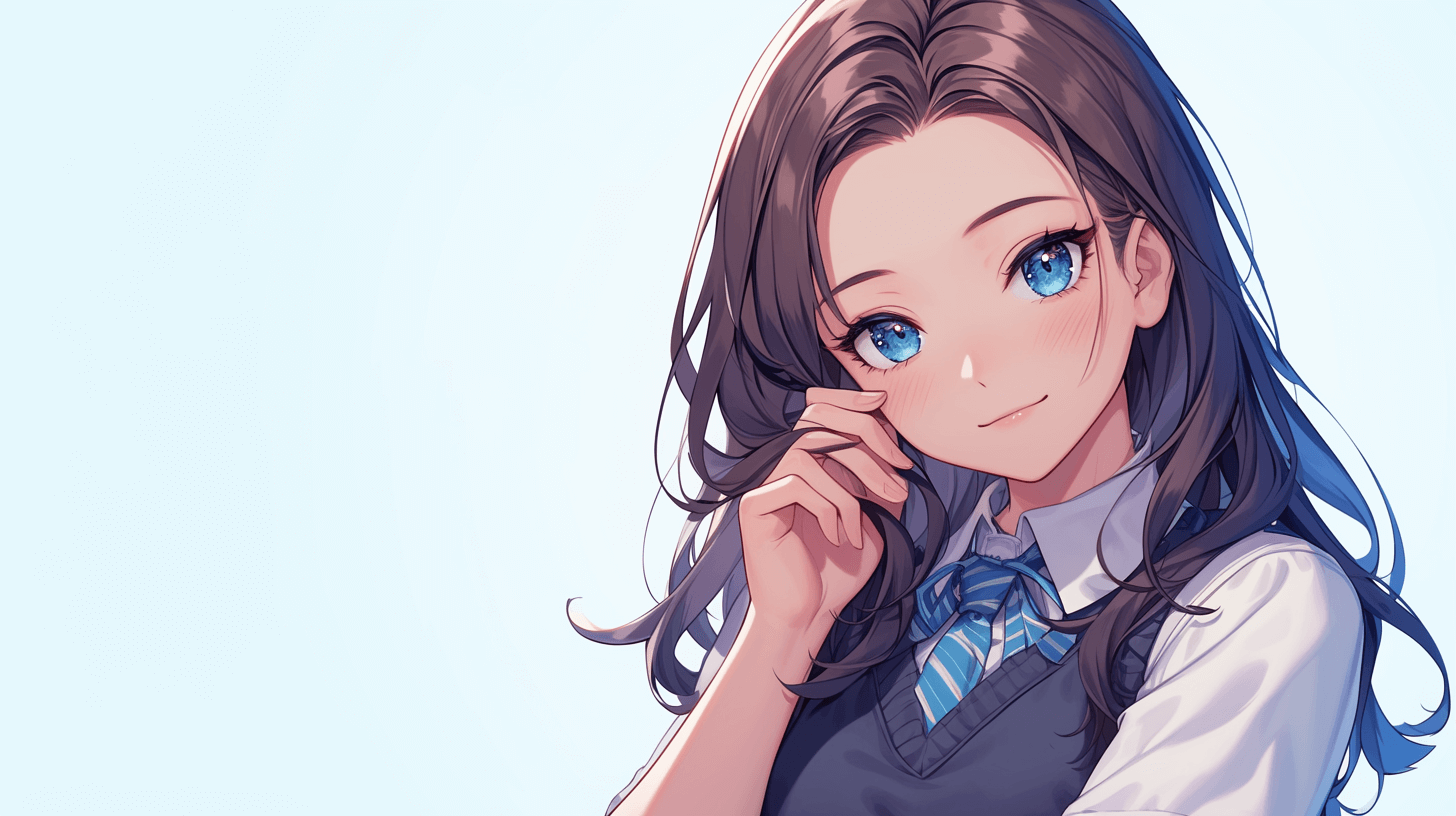 Cute girl with blue eyes and long hair posing in a school uniform with one hand on her face, smiling slightly, in the style of anime with a simple background, white color palette, high resolution, high detail, high quality, high contrast, high sharpness, high clarity.