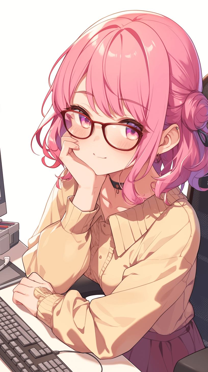 Anime-style girl with pink hair and glasses, sitting at her desk in front of the computer. She is wearing an elegant blouse that accentuates her curves. Her posture exudes confidence as she rests one hand on her chin while smiling slightly to convey friendliness. The background features soft lighting creating gentle shadows around her, enhancing details such as texture or  textures. The style is reminiscent of anime.