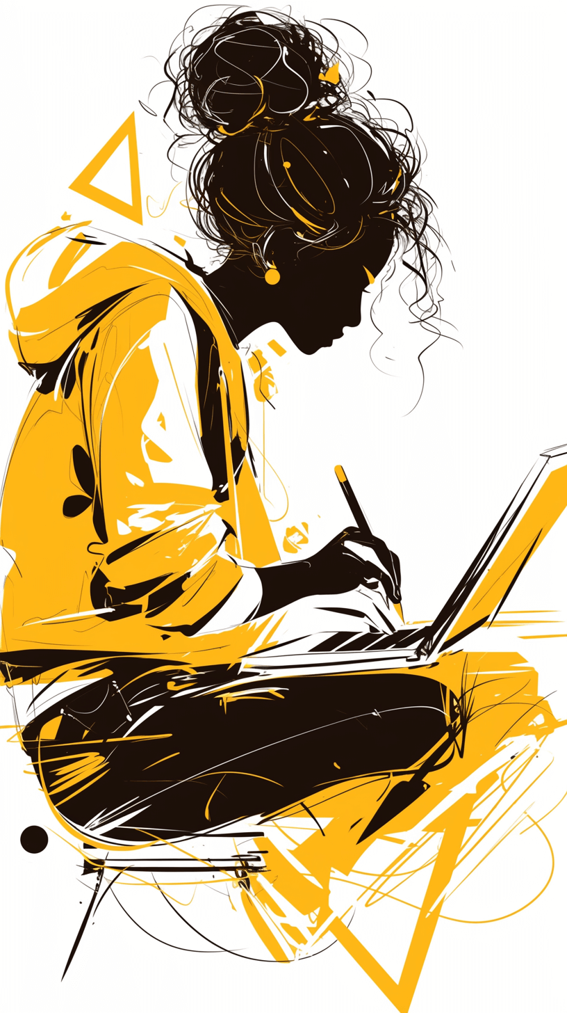 A girl is sitting and drawing on her laptop in the style of yellow black vector illustration.