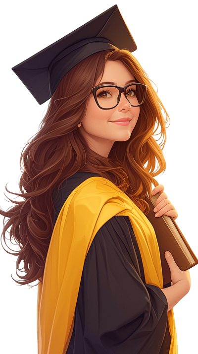 beautiful girl with long brown hair and glasses wearing a black graduation cap, holding a book in her hand, yellow gown, in the style of cartoon, white background, vector graphics, high resolution, high detail, no shadows, full body portrait, smiling face, looking at the camera, high quality, high definition, sharp focus, masterpiece, best quality, high contrast, vibrant colors, bright colors, professional photography, professional lighting, studio lighting, perfect composition, realistic.