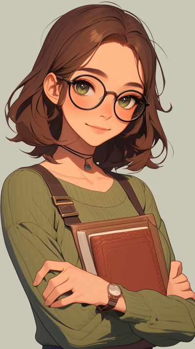 Cute girl with glasses, brown hair and green eyes holding books in her hands, wearing an olive-colored long-sleeved sweater with suspenders on the chest, in the style of anime.