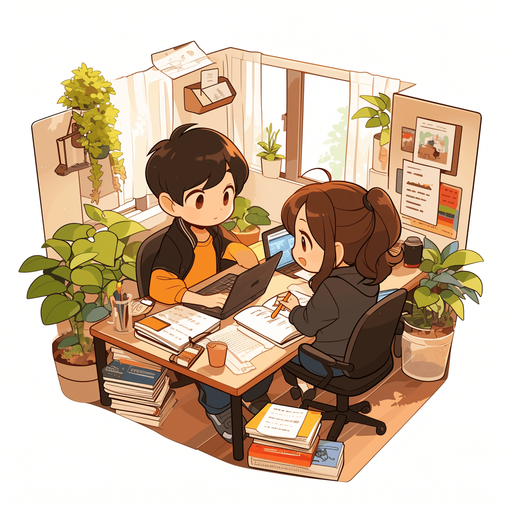 A cute illustration shows two people sitting at a desk in an office, working together on laptops and writing notes. The room is filled with books, plants, decorations, warm colors, white walls, and floor-to-ceiling windows. They have brown hair, black eyes, and orange . A happy expression. In the style of anime, in the Japanese anime style.