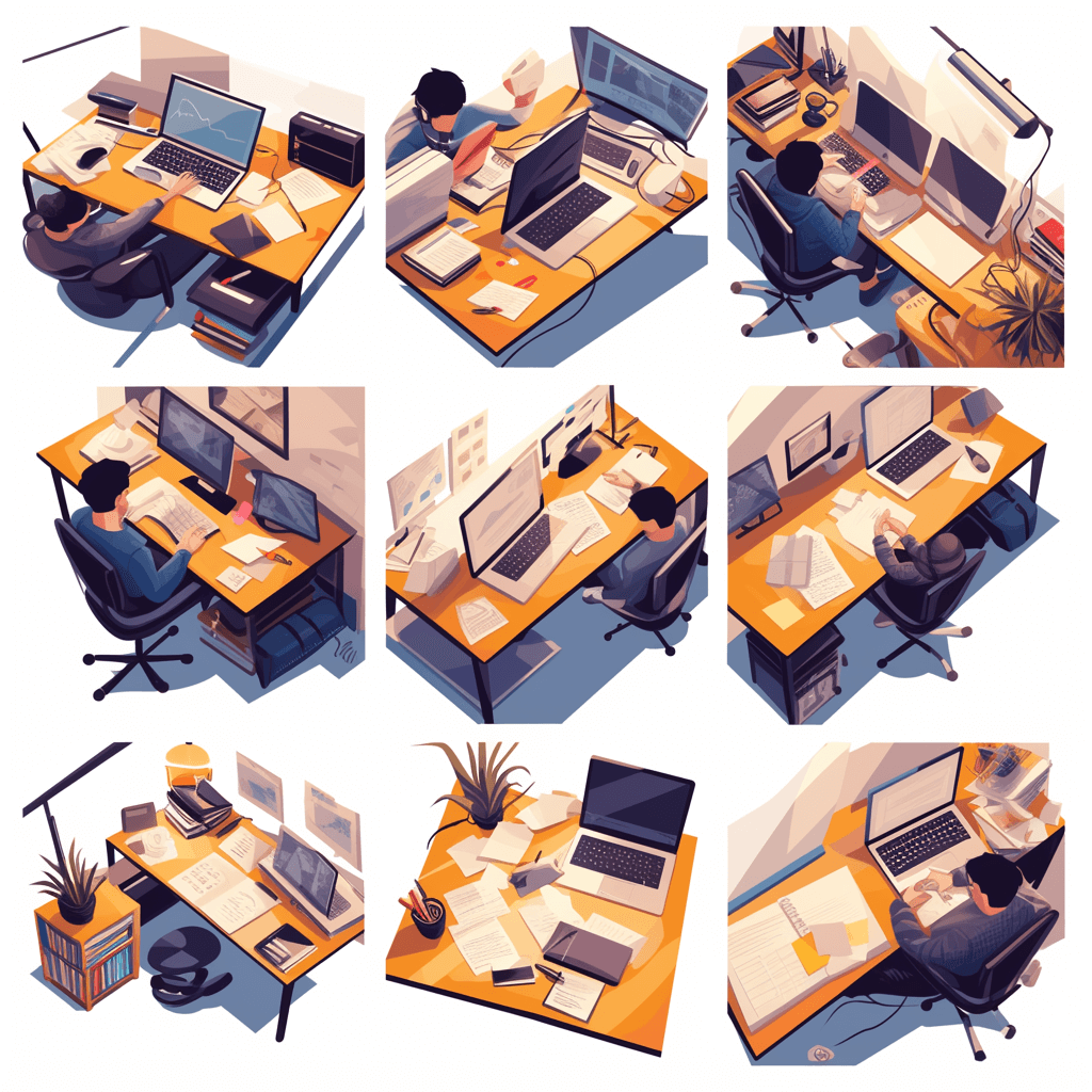 Set of isometric illustrations showing people working at their desks in various styles, including vector graphics in the style of 2d game art with a flat design and bright colors on a white background. Multiple angles are shown including top views and side views with light gray and amber tones in a cartoon style. The illustrations are high resolution with isomorphic rendering details and best quality.