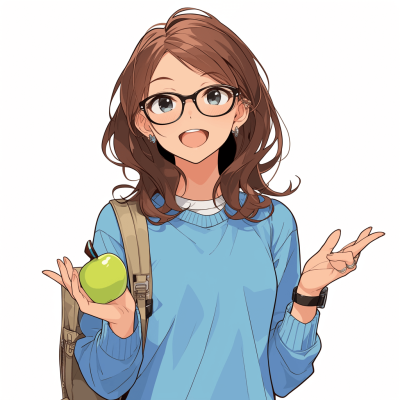 A cute Japanese girl wearing glasses and a blue long-sleeved shirt with a backpack, holding an apple in one hand while pointing to the other side with her fingers. Her hair is brown and at a medium length. The background of the illustration should be white. She looks happy and smiling. The style is in the style of anime.