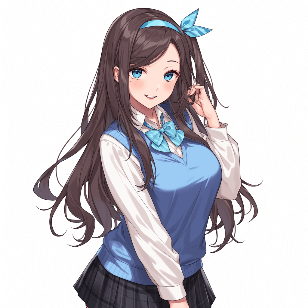 moe anime character, beautiful girl with long hair in a school uniform with a blue and white shirt, happy expression, blue eyes, high quality.