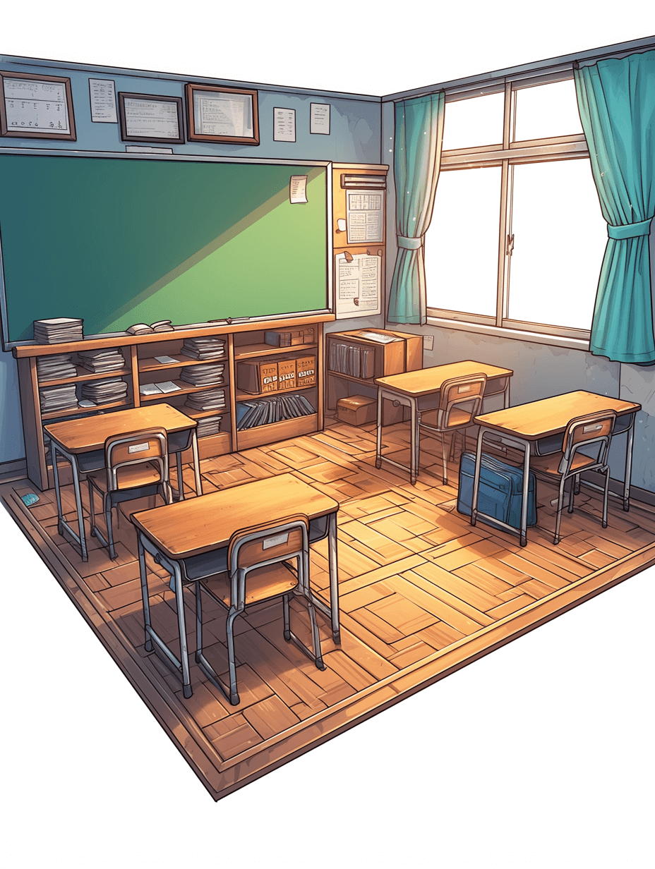 High school classroom illustrated in the style of cartoon and anime, with a detailed design of the wooden floors and desks. A green blackboard is on the wall in the style of 2D game art, using simple colors and flat color on a white background. The illustration is high resolution, high detail, and high quality with a high definition style.