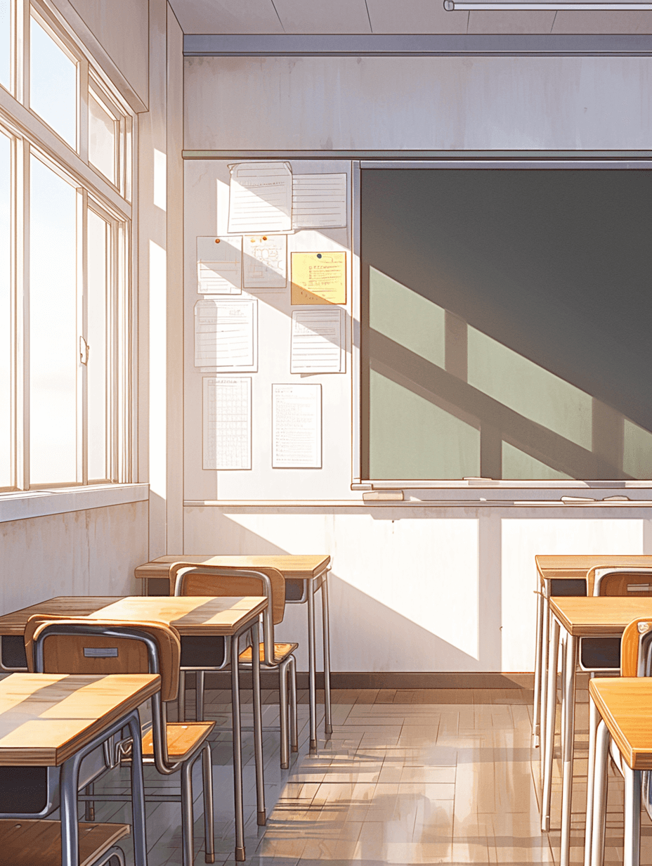 In the school classroom, there is an empty blackboard on one wall and several desks with chairs in front of them. The sunlight shines through the window into the room, creating a warm atmosphere. In the style of anime, it features high resolution and detailed illustrations. It has light brown tones and white background.