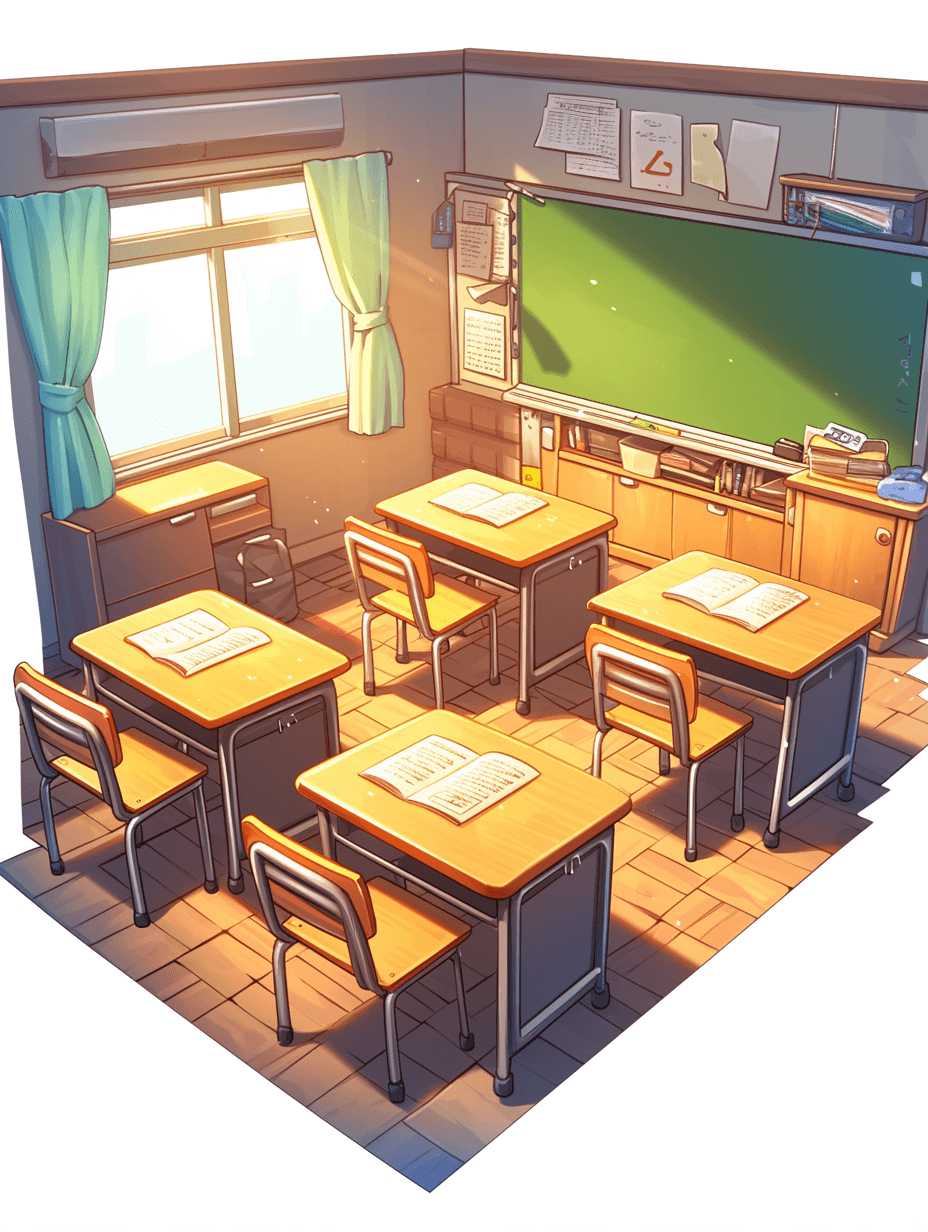 A classroom with desks and chairs, illustrated in a simple cartoon style with large blank areas on the left side of the screen. The art has a bright, high resolution flat view with front lighting and high detail, clean backgrounds. Some areas are illustrated in the style of anime or game concept art.