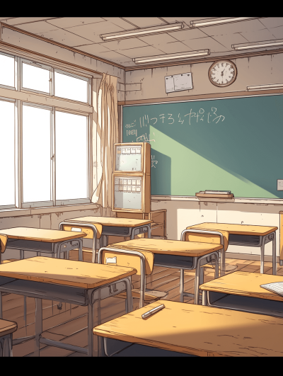 The comic shows an empty classroom with only one desk in the front and an old-fashioned clock on it. The background features a blackboard with some numbers written on it. It has an anime aesthetic style. In the style of [Hayao Miyazaki](https://goo.gl/search?artist%20Hayao%20Miyazaki), it has muted colors and a Japanese comics/cartoon animation style.