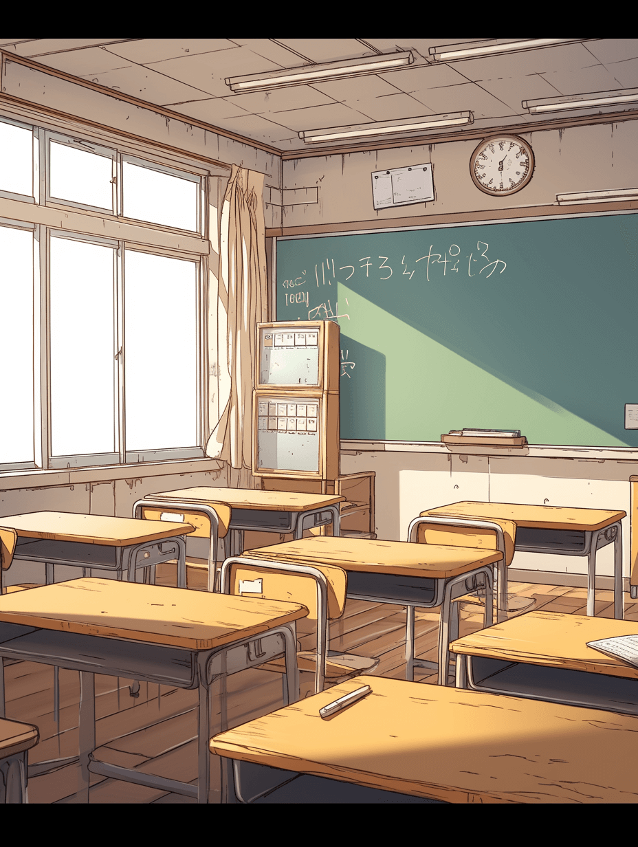 The comic shows an empty classroom with only one desk in the front and an old-fashioned clock on it. The background features a blackboard with some numbers written on it. It has an anime aesthetic style. In the style of [Hayao Miyazaki](https://goo.gl/search?artist%20Hayao%20Miyazaki), it has muted colors and a Japanese comics/cartoon animation style.