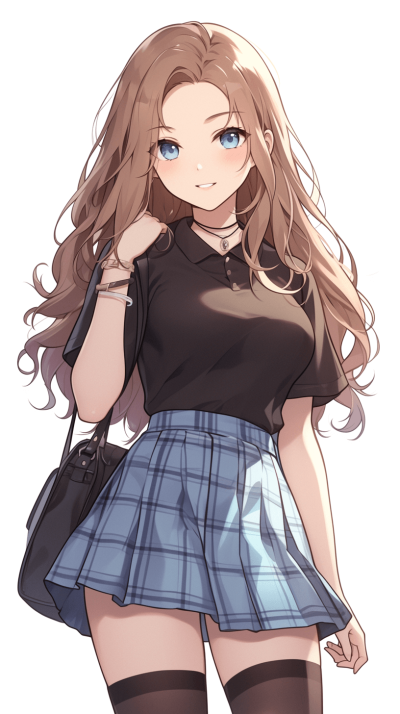 A girl with long brown hair, blue eyes and wearing a black tshirt and plaid skirt in the style of anime.