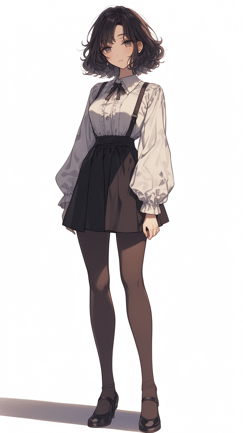 A girl with short hair, wearing an off-white blouse and black skirt, dark brown tights, and high heels in the style of anime. A simple background with a full body shot and full-length portrait in an anime aesthetic style of character design.