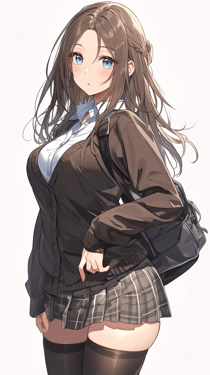 A beautiful anime school girl with blue eyes and long brown hair in pigtails, wearing an oversized black blazer over her white button up shirt with the top buttons unbuttoned showing a small tattoo on one navel, short plaid skirt, thick tights and high heels, holding onto her bag while looking back with a flirty smile in the style of an anime artist.